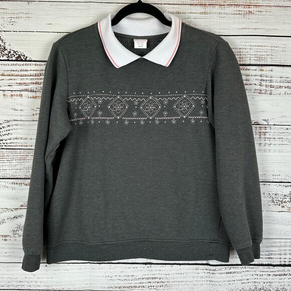 Womens Adrian Delafield Gray Silver Embroidered Collared Sweatshirt Granny M - Picture 1 of 7